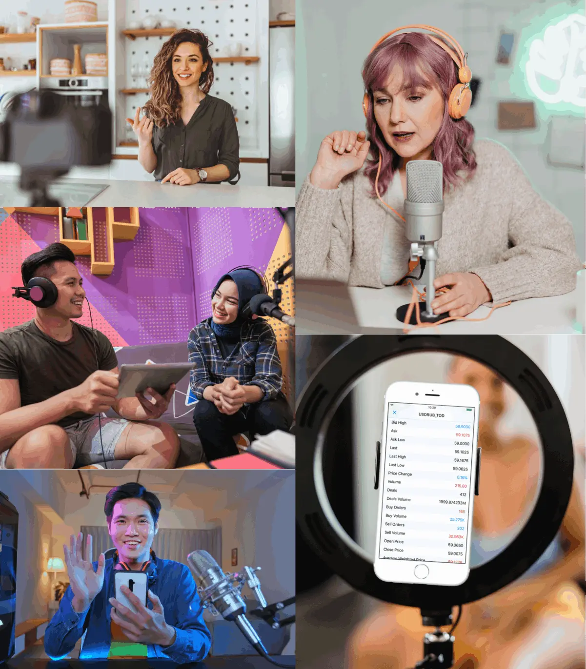 A collage of people filming, recording in front of various microphones and cameras
