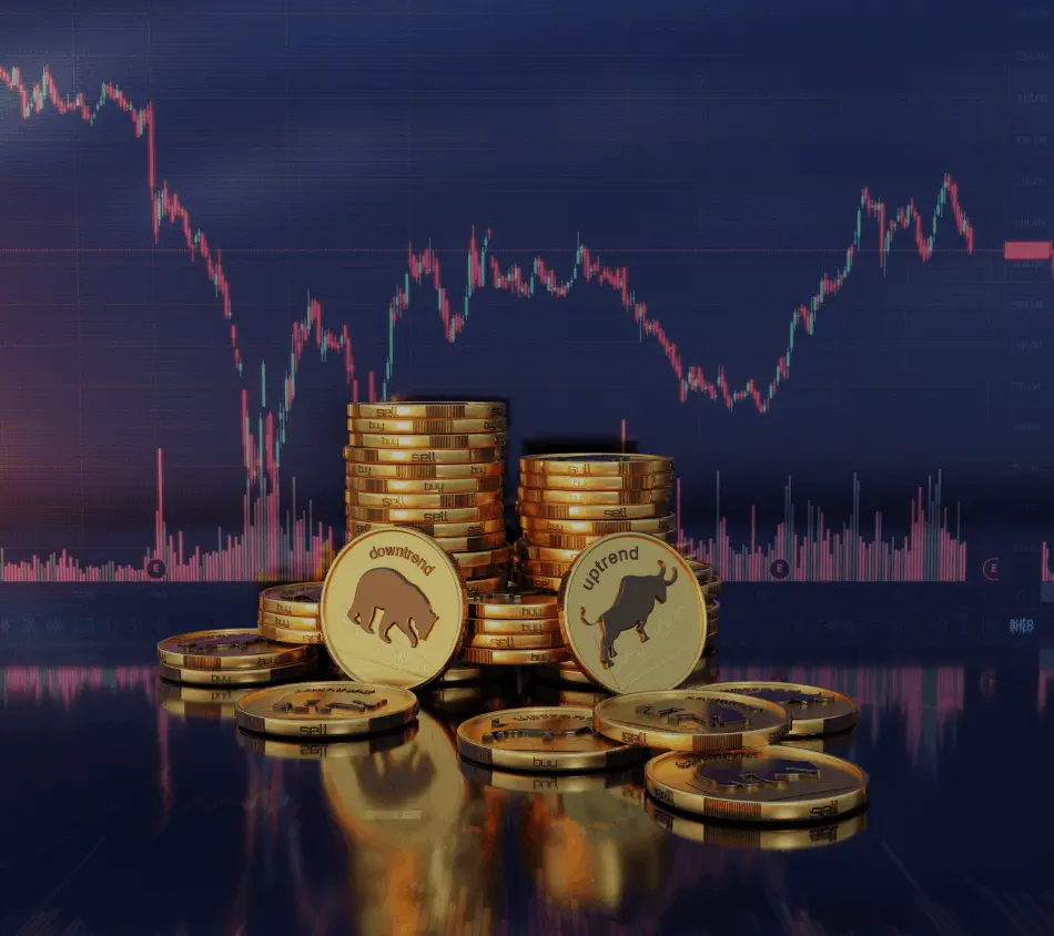 Stacked coins in front of fluctuating stock market graph on a screen