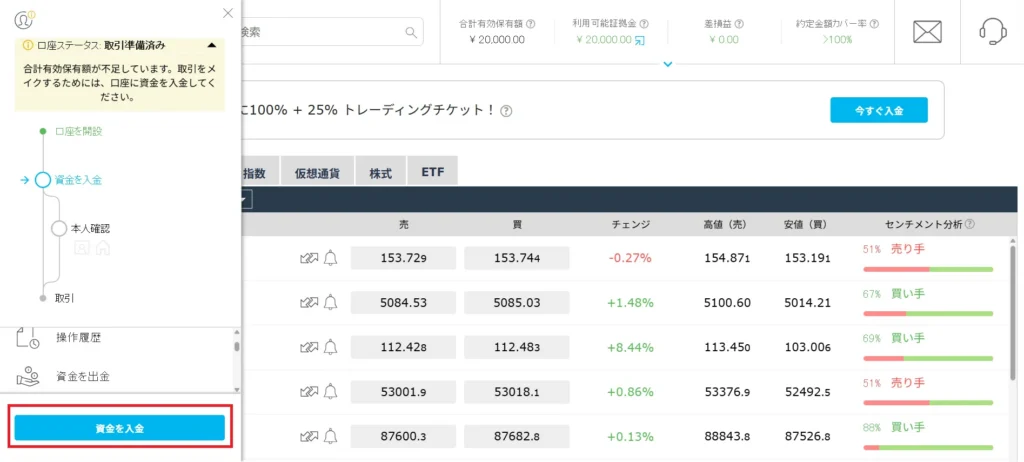「資金を入金」を選択して入金を行う